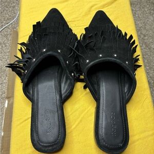 Rag & Co Marissa Black Suede Fringe Mules Size 8 Metallic Studs Fringe Bohemian